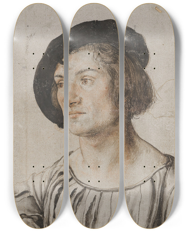 Triptych art skateboard deck of Ambrosius Holbein Portrait Of A Young Man by Ambrosius Holbein (1494-1519)