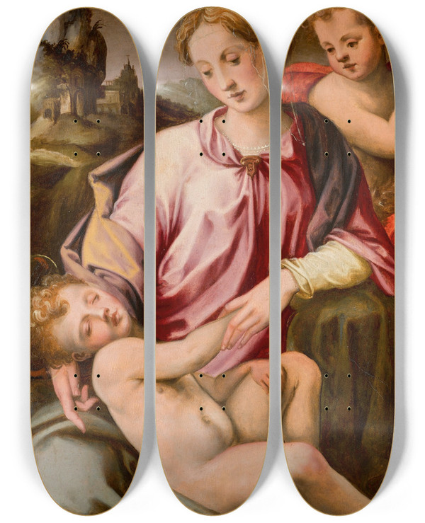 Triptych art skateboard deck of Michele Tosini Thevirgin And Child With The Young Saint John The Baptist by Michele Tosini (1503-1577)