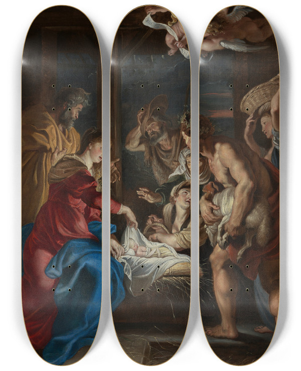 Triptych art skateboard deck of Peter Paul Rubens Die Anbetung Der Hirten by Peter Paul Rubens (1577-1640)