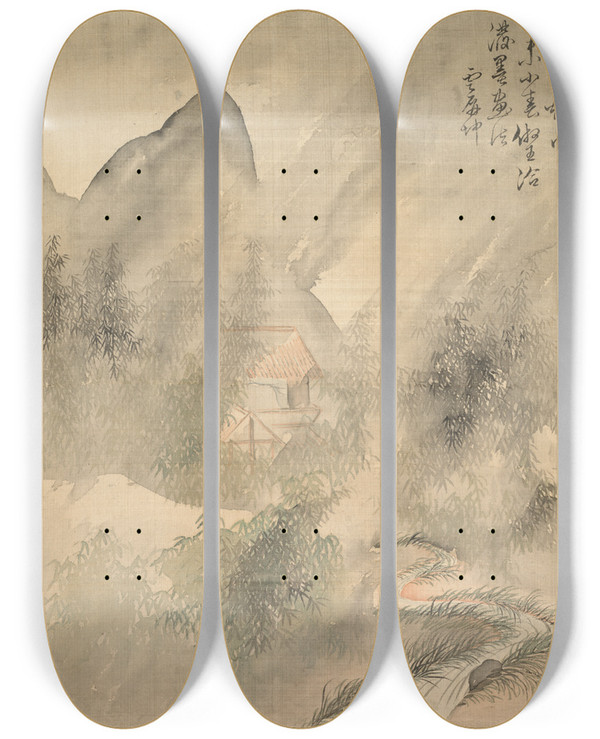 Triptych art skateboard deck of Tsubaki Chinzan Ten Thousand Bamboos In The Mist And Rain by Tsubaki Chinzan (1801-1854)