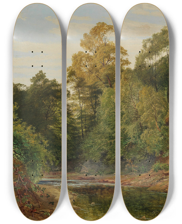 Triptych art skateboard deck of Charles William Smith A River Landscape by Charles William Smith (1893-1987)