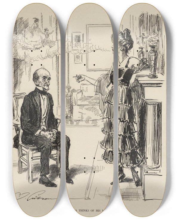 Triptych art skateboard deck of Charles Dana Gibson When Grandpa Thinks Of His Mother by Charles Dana Gibson (1867-1944)