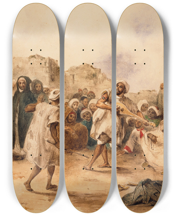 Triptych art skateboard deck of Eugne Delacroix Strolling Players by Eugene Delacroix (1798-1863)