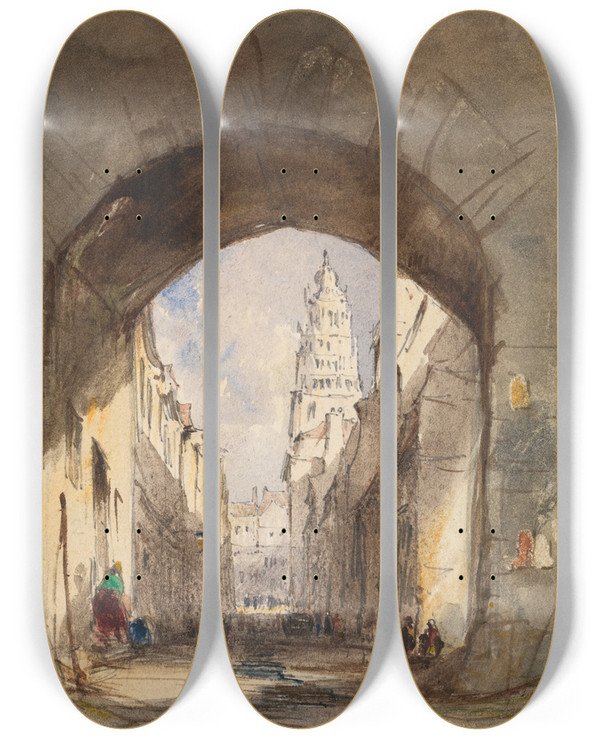 Triptych art skateboard deck of John Scarlett Davis Street Scene In Calais by John Scarlett Davis (1804-1845)