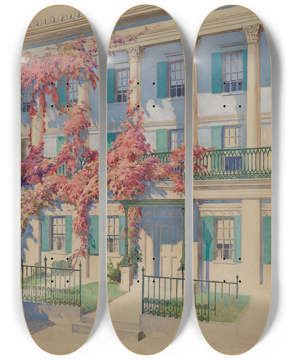 Triptych art skateboard deck of Gilbert Sackerman Cast Iron Garden Balcony by Gilbert Sackerman (20-)