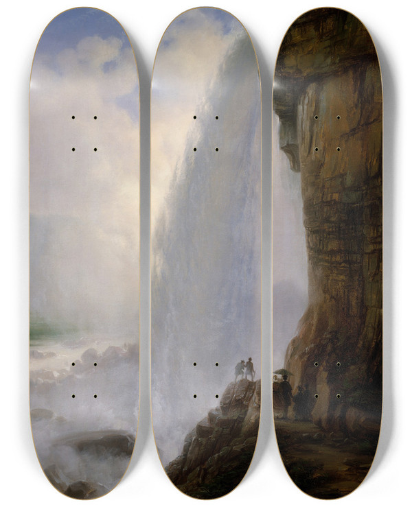 Triptych art skateboard deck of Ferdinand Richardt Underneath Niagara Falls by Ferdinand Richardt (1819-1895)