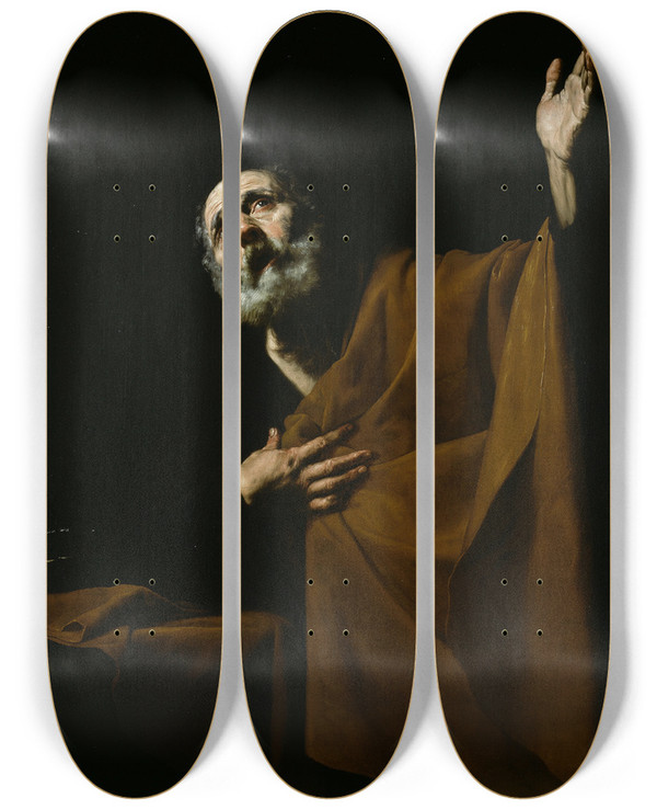 Triptych art skateboard deck of Jusepe De Ribera Penitent Saint Peter by Jusepe de Ribera (1591-1652)