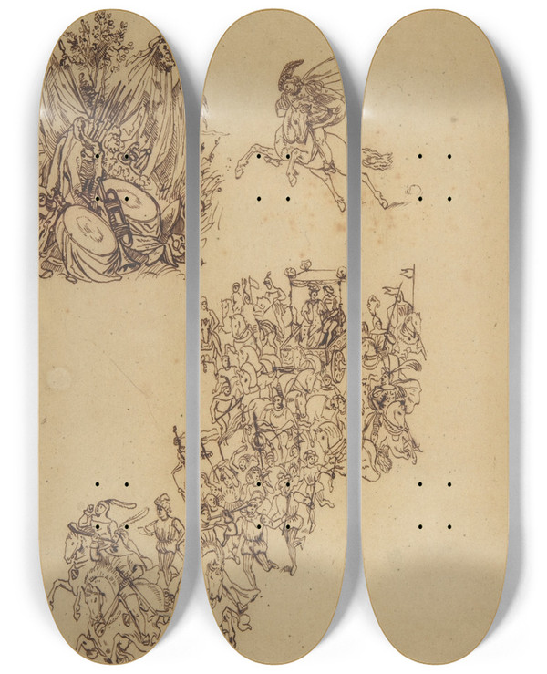 Triptych art skateboard deck of Eugne Delacroix A Marriage Procession In Sixteenth Century Dress A Cavalier And A Trophy Of Arms by Eugene Delacroix (1798-1863)