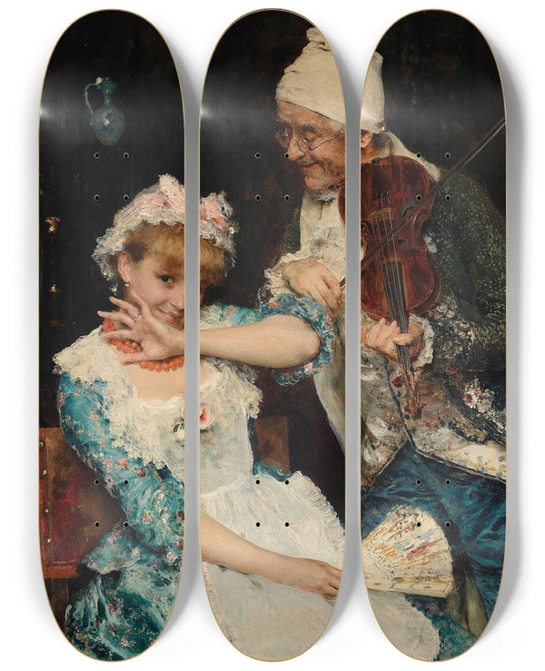 Triptych art skateboard deck of Federico Andreotti Der Musikant by Federico Andreotti (1847-1930)