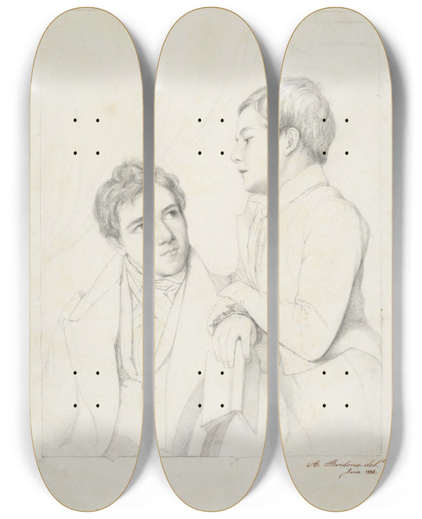 Triptych art skateboard deck of Franoiseugneaugustin Bridoux Portrait Of A Seated Young Man And A Standing Boy by Franois-Eugne-Augustin Bridoux