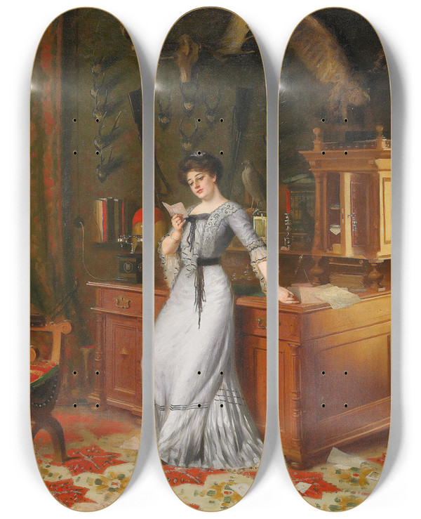 Triptych art skateboard deck of Knut Ekwall The Girl With The Letter by Knut Ekwall (1843-1912)