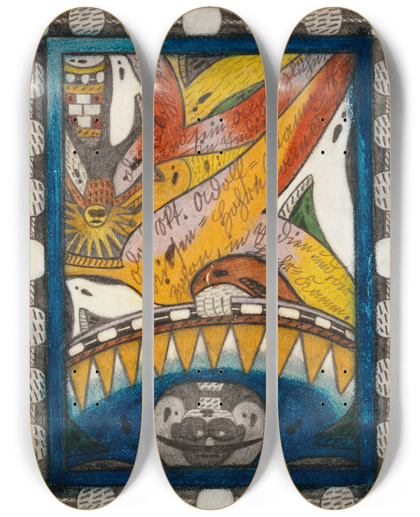 Triptych art skateboard deck of Adolf Wlfli Das Skt Adolfdiamanttriesenhohrn Am Flohzohrn In Indien Und Der Hahrkamm by Adolf Wolfli (1864-1930)