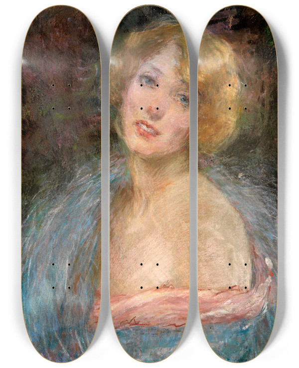 Triptych art skateboard deck of Alice Pike Barney Blonde Girl With Boa by Alice Pike Barney (1857-1931)
