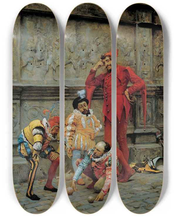 Triptych art skateboard deck of Eduardo Zamacois Y Zabala Jesters Playing Cochonnet by Eduardo Zamacois Y Zabala (1841-1871)