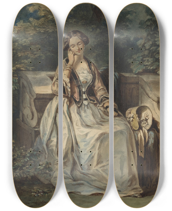 Triptych art skateboard deck of Eugne Devria Woman Seated In A Bower by Eugene Deveria (1805-1865)