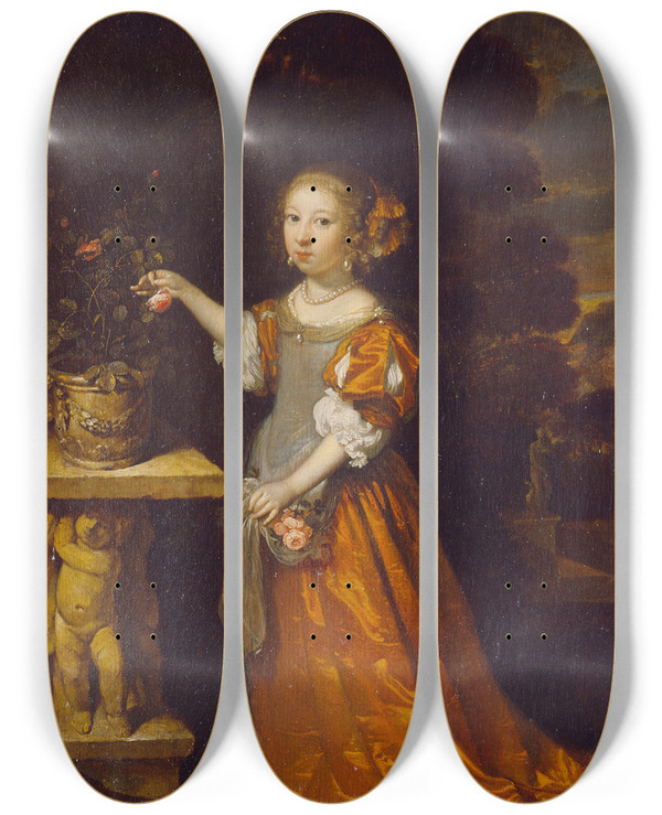 Triptych art skateboard deck of Caspar Netscher A Child Plucking A Rose by Caspar Netscher (1639-1684)