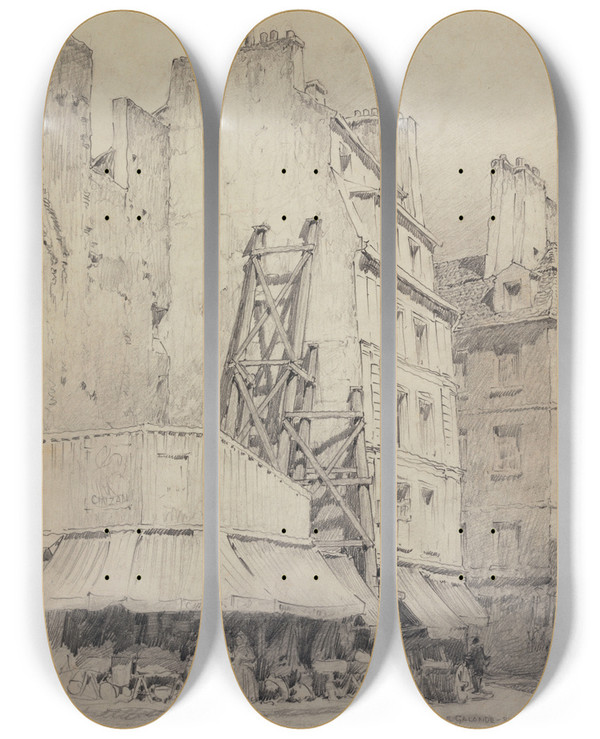 Triptych art skateboard deck of Ferdinand Boberg Rue Galande Rue Saintjacques by Ferdinand Boberg (1860-1946)