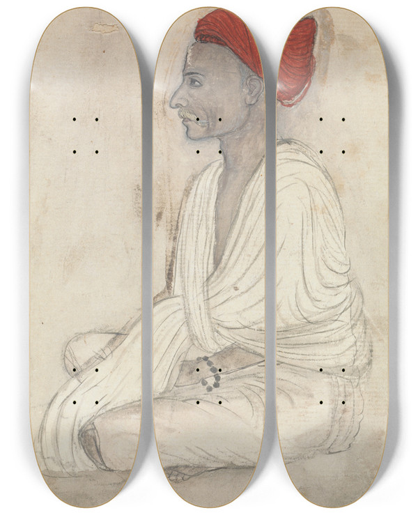 Triptych art skateboard deck of Gangaram Chintaman Tambat Man In A Red Turban Sitting Crosslegged by Gangaram Chintaman Tambat