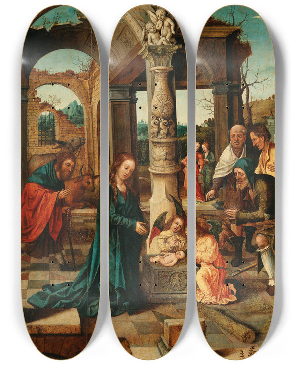 Triptych art skateboard deck of Master Of The Von Groote Adoration The Adoration Of The Shepherds by Master Of The Von Groote Adoration (1510-1520)