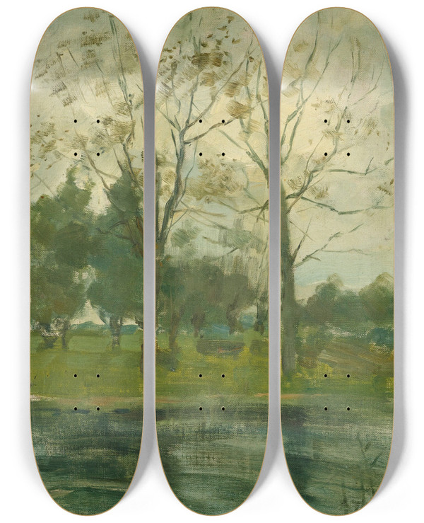 Triptych art skateboard deck of Piet Mondrian Two Trees Silhouetted Behind A Water Course by Piet Mondrian (1872-1944)