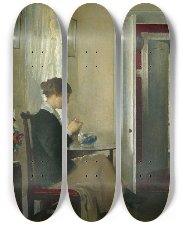 Triptych art skateboard deck of Edmund Charles Tarbell Josephine Knitting by Edmund Charles Tarbell (1862-1938)