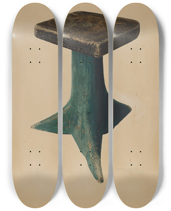 Triptych art skateboard deck of Harold Ballerd Stool by Harold Ballerd