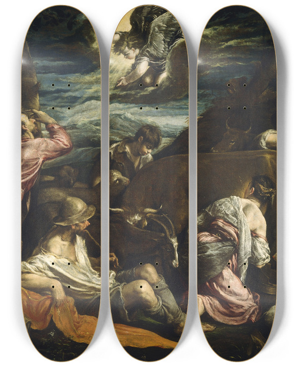 Triptych art skateboard deck of Jacopo Bassano The Annunciation To The Shepherds by Jacopo Bassano (1510-1592)
