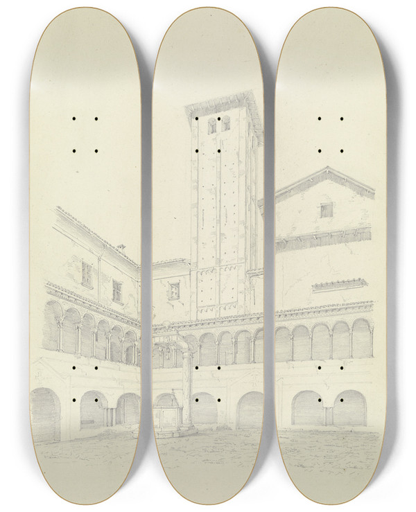 Triptych art skateboard deck of Friedrich Wilhelm Ludwig Der Kreuzgang Von S Stefano In Bologna by Friedrich Wilhelm Ludwig (1828)