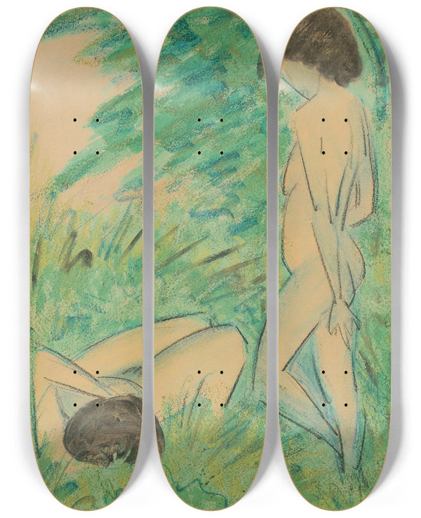 Triptych art skateboard deck of Otto Mueller Zwei Weibliche Akte Im Wald by Otto Mueller (1874-1930)