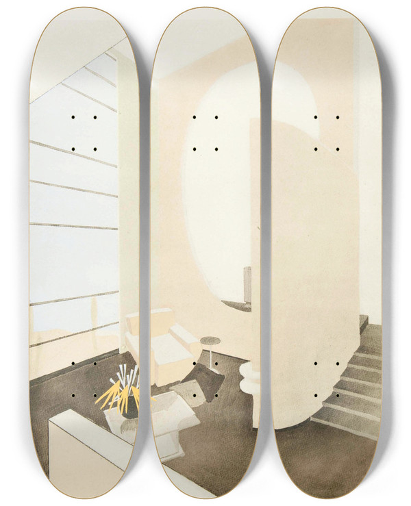 Triptych art skateboard deck of Maurice Jallot Un Coin Dattente by Maurice Jallot (1900-1971)