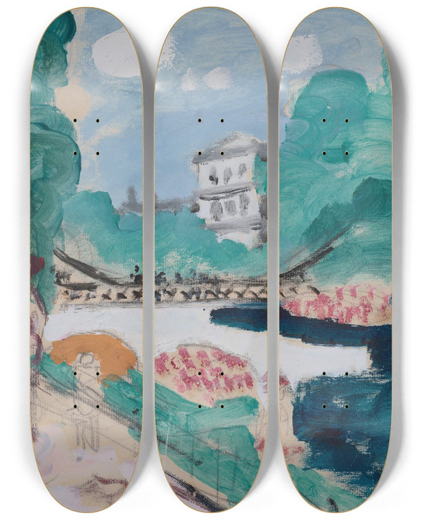 Triptych art skateboard deck of Raymond Mcintyre Bridge Over River by Raymond Mcintyre (1879-1933)