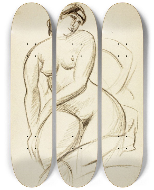 Triptych art skateboard deck of Carl Newman Seated Female Nude_2 by Carl Newman (1858-1932)