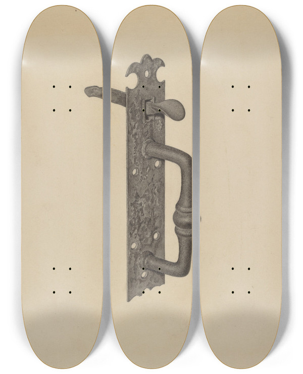 Triptych art skateboard deck of Mildred Ford Door Handle With Thumb Press by Mildred Ford (20-)
