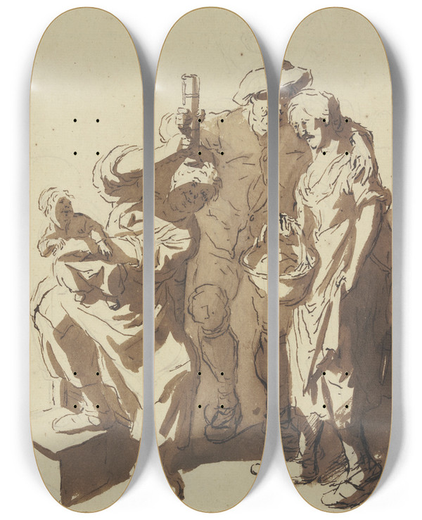 Triptych art skateboard deck of Cornelis Dusart Bauer Mit Einem Glas Zwischen Zwei Frauen Die Eine Mit Einem Kind Die Andere Mit Einem Korb by Cornelis Dusart (1660-1704)