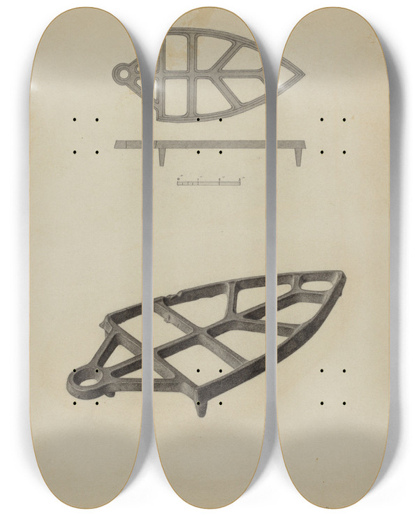 Triptych art skateboard deck of Albert Taxson Pa German Flatiron Holder by Albert Taxson