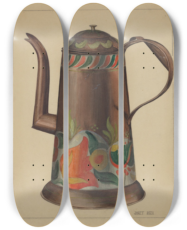 Triptych art skateboard deck of Janet Riza Toleware Coffee Pot by Janet Riza (20-)