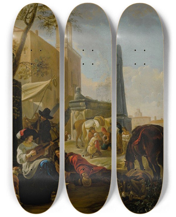 Triptych art skateboard deck of Hendrik Verschuring A Musical Party At The Church Of S Trinit Dei Monti Rome by Hendrik Verschuring (1627-1690)