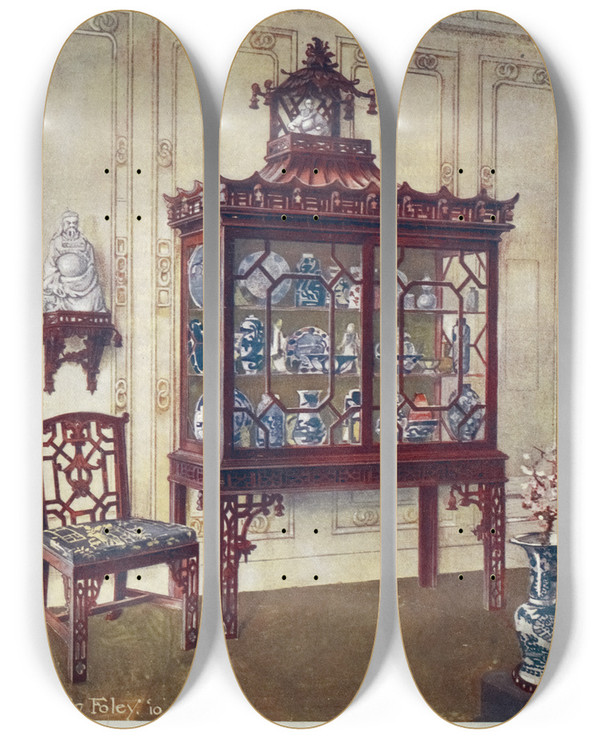 Triptych art skateboard deck of Edwin Foley Carved China Case In Chippendales Chinese Manner by Edwin Foley (1859-1912)