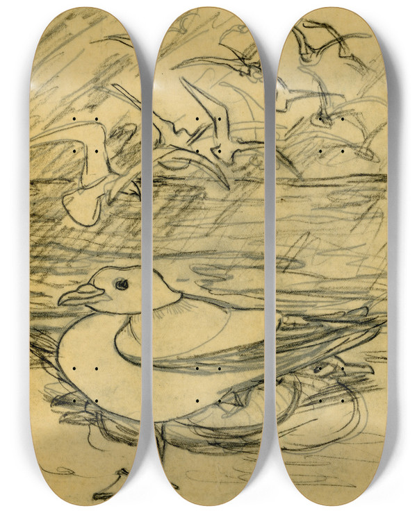 Triptych art skateboard deck of Theo Van Hoytema Meeuwen by Theo Van Hoytema (1863-1917)