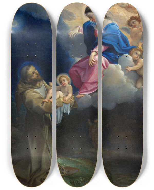 Triptych art skateboard deck of Ludovico Carracci The Vision Of Saint Francis by Ludovico Carracci (1555-1619)