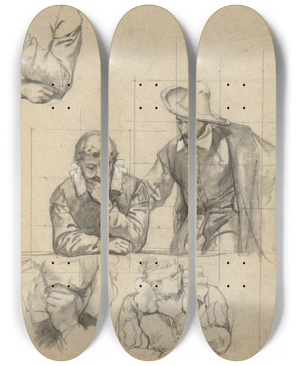 Triptych art skateboard deck of Edwin White Unidentified Group Sketch For Signing Of The Compact In The Cabin Of Themayflower by Edwin White (1817-1877)