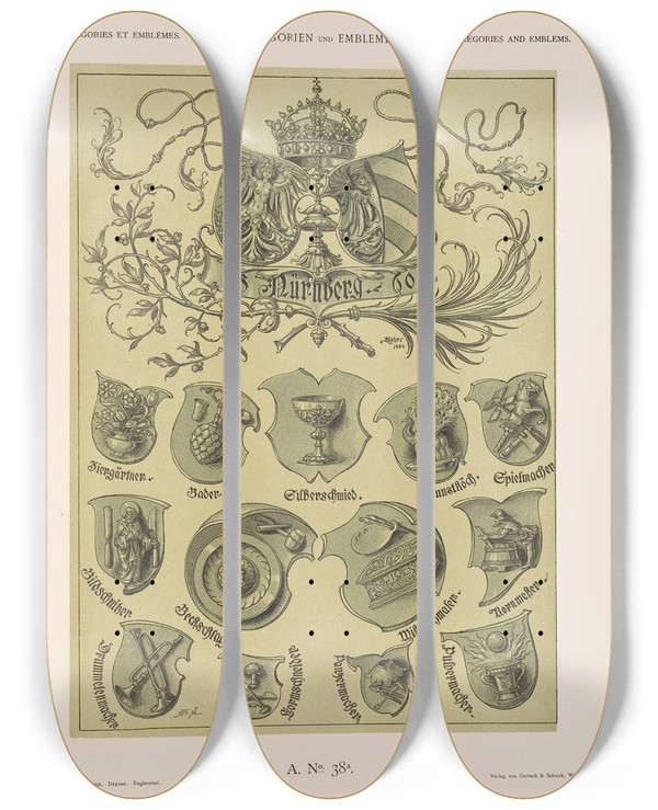 Triptych art skateboard deck of Albert Ilg Allegorien Und Embleme Vol Ii Pl044 by Albert Ilg (1847-1896)