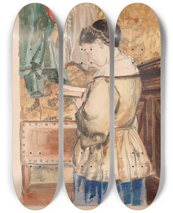 Triptych art skateboard deck of Henri De Braekeleer Woman Reading_2 by Henri de Braekeleer (1840-1888)