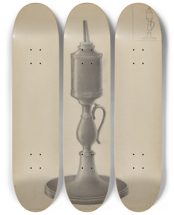 Triptych art skateboard deck of Irene Malawicz Whale Oil Lamp by Irene Malawicz