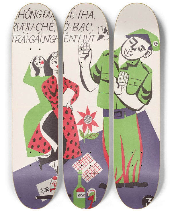 Triptych art skateboard deck of Us Information Agency Vietnamese Armys Seven Commandments_7 by U S Information Agency (1953-1999)