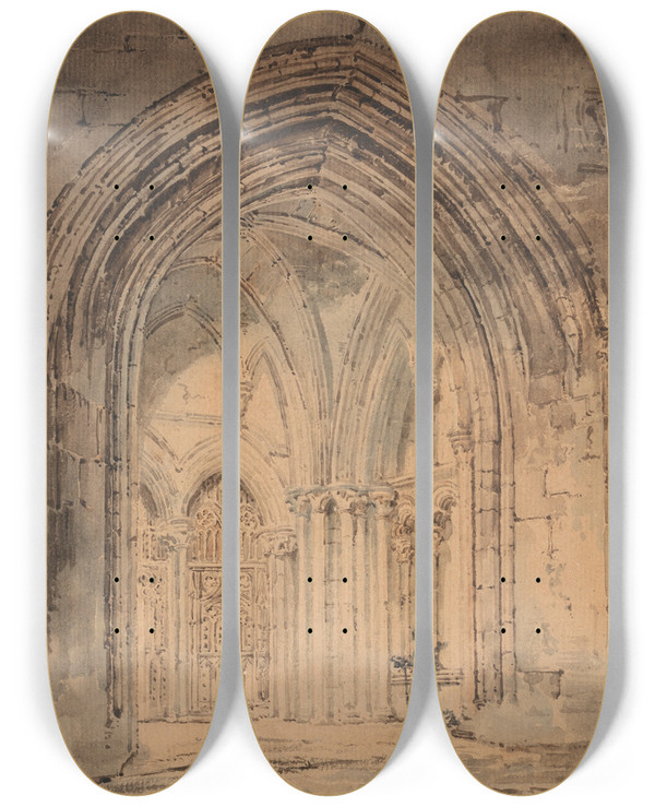 Triptych art skateboard deck of Thomas Girtin St Albans Cathedral Hertfordshire_1 by Thomas Girtin (1775-1802)