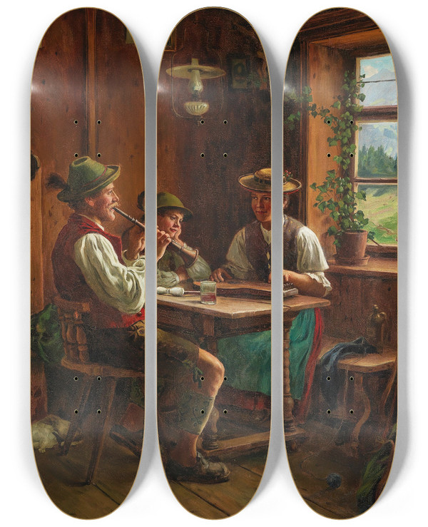 Triptych art skateboard deck of Emil Rau Home Music by Emil Rau (1858-1937)