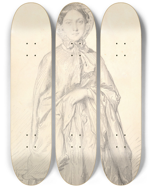 Triptych art skateboard deck of Thodore Chassriau Portrait Of A Young Woman Wearing A Cloak And Bonnet by Theodore Chasseriau (1819-1856)
