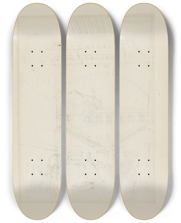 Triptych art skateboard deck of Augustus Charles Pugin Study For Water Engine Coldbath Fields Prison From Microcosm Of London by Augustus Charles Pugin (1762-1832)
