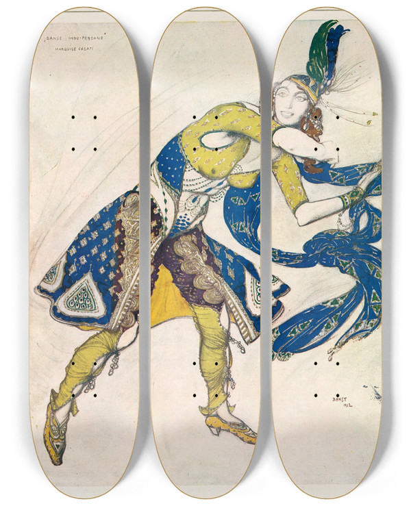 Triptych art skateboard deck of Lon Bakst Projet De Costume Indopersan Excut Par Lon Bakst Pour La Marquise Casati by Leon Bakst (1866-1924)